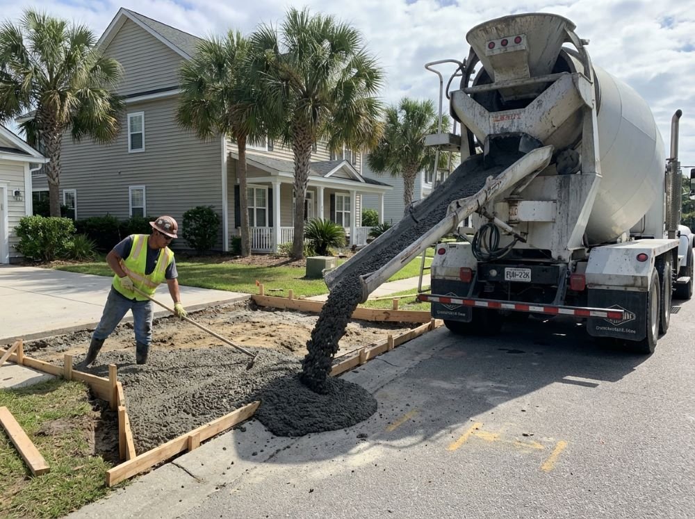 Concrete being poured from a truck chute into driveway forms