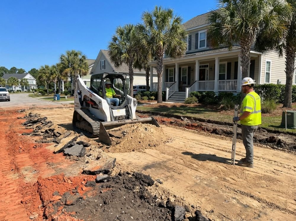 Excavating and grading for a new driveway in Myrtle Beach