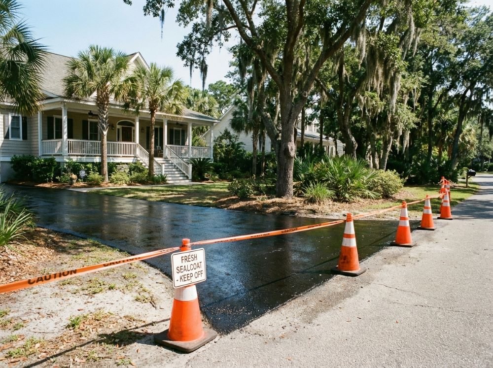 Freshly sealcoated driveway with caution tape while curing