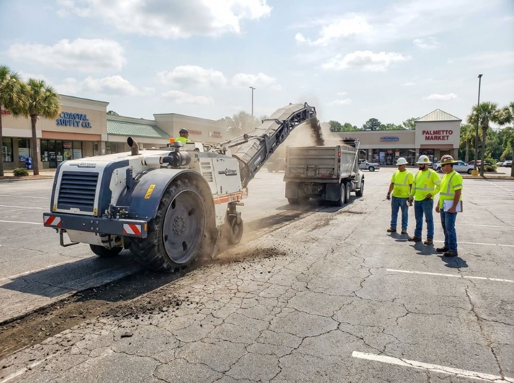 Milling old asphalt from a commercial parking lot in Myrtle Beach