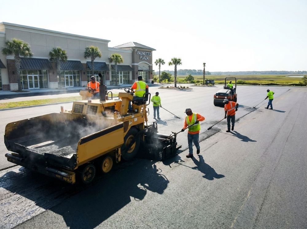 Paving crew laying asphalt on a commercial parking lot in North Myrtle Beach