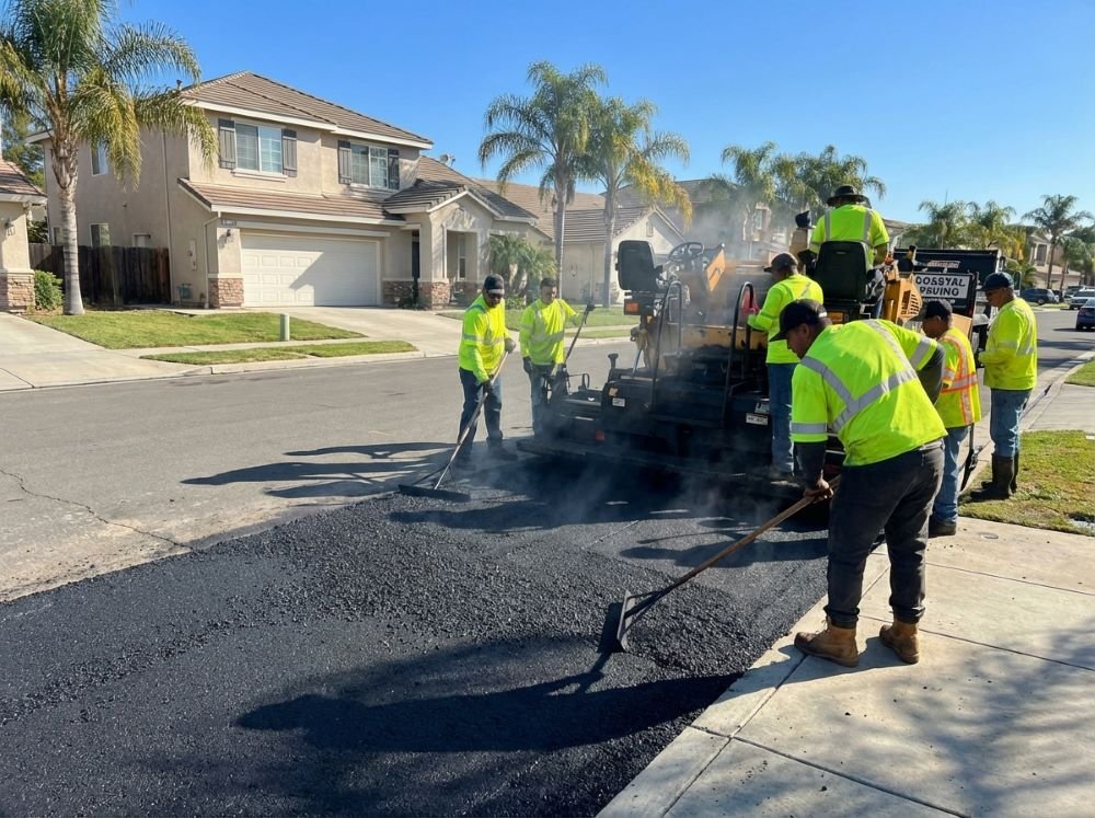 Paving crew laying asphalt on residential driveway in Myrtle Beach