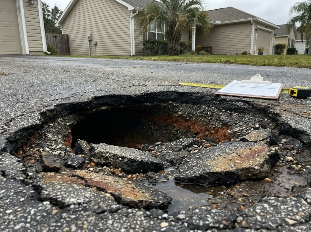 Pothole in a blacktop driveway before repair in Myrtle Beach