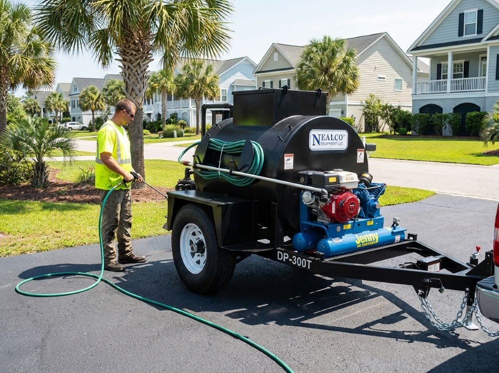 Professional sealcoating equipment and mixing tank on trailer