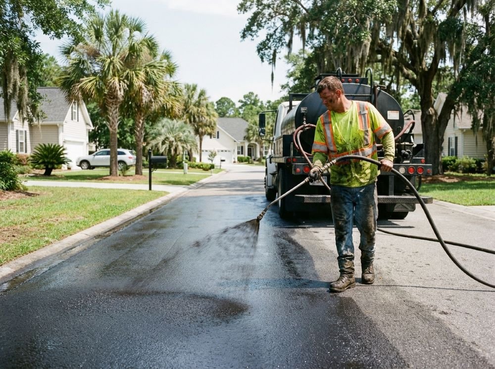 Professional spraying sealcoat onto asphalt driveway