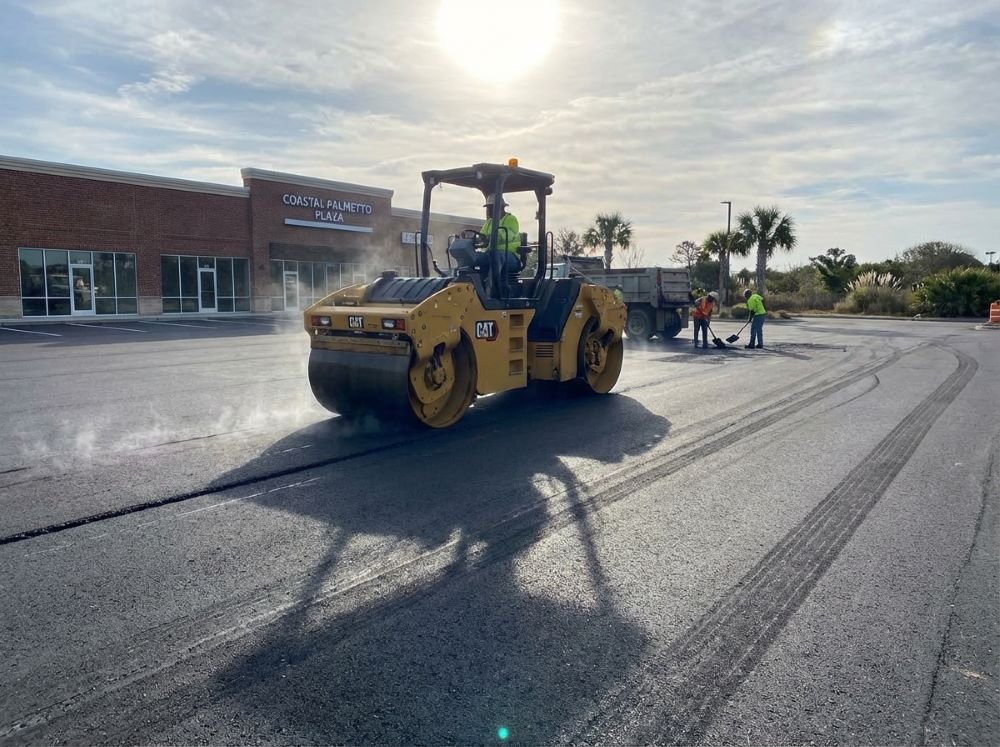 Roller compacting asphalt on a parking lot in Myrtle Beach