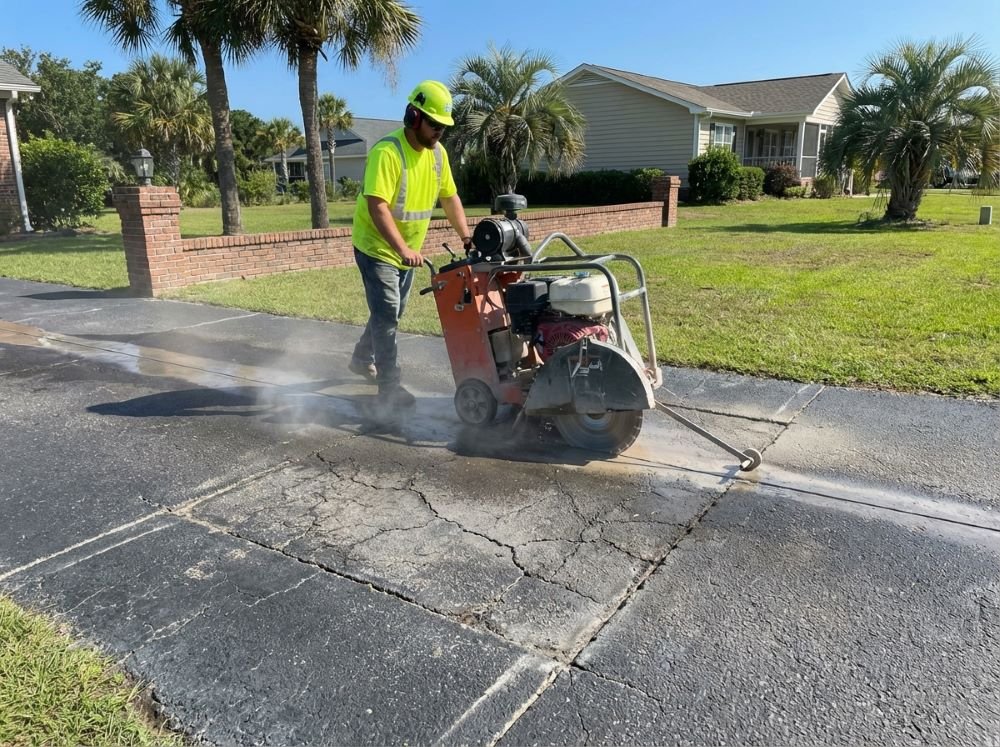Saw cutting around damaged blacktop section for repair