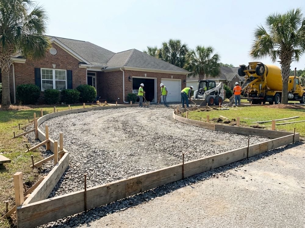 Wooden forms set for a new concrete driveway pour in Myrtle Beach