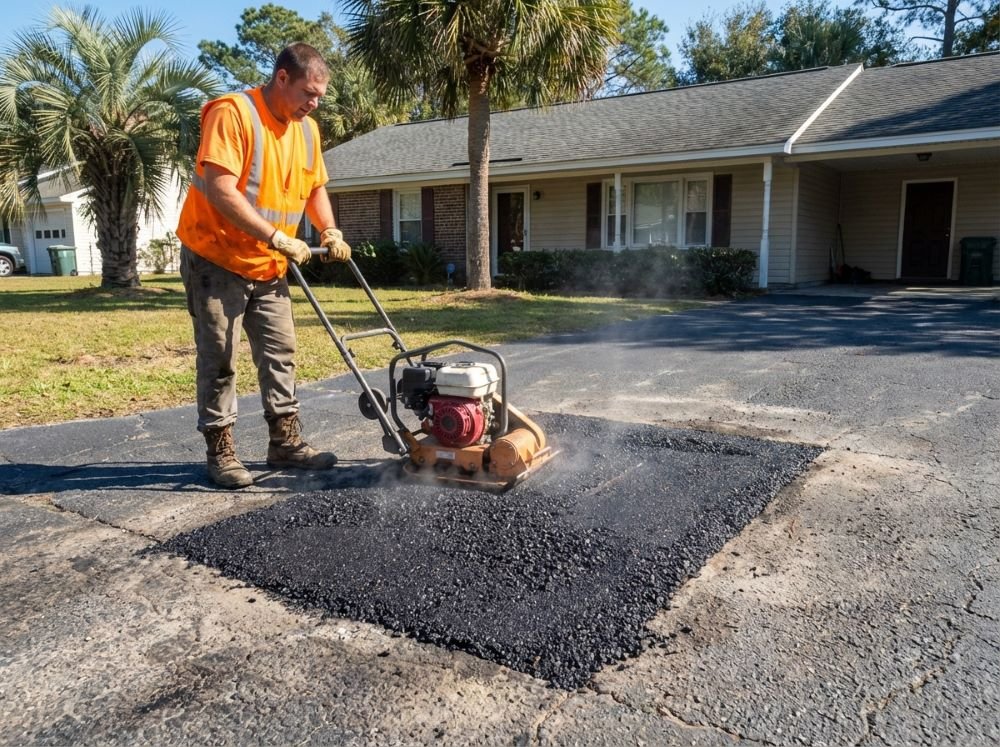 Worker compacting fresh asphalt patch on a driveway