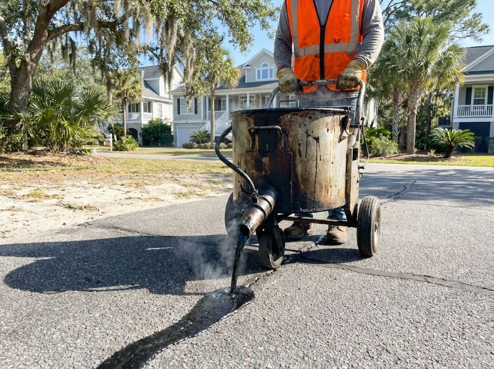 Worker filling cracks with hot rubberized filler before sealcoating
