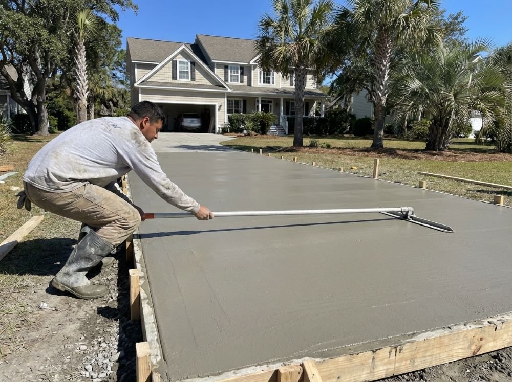 Worker finishing wet concrete surface with a bull float